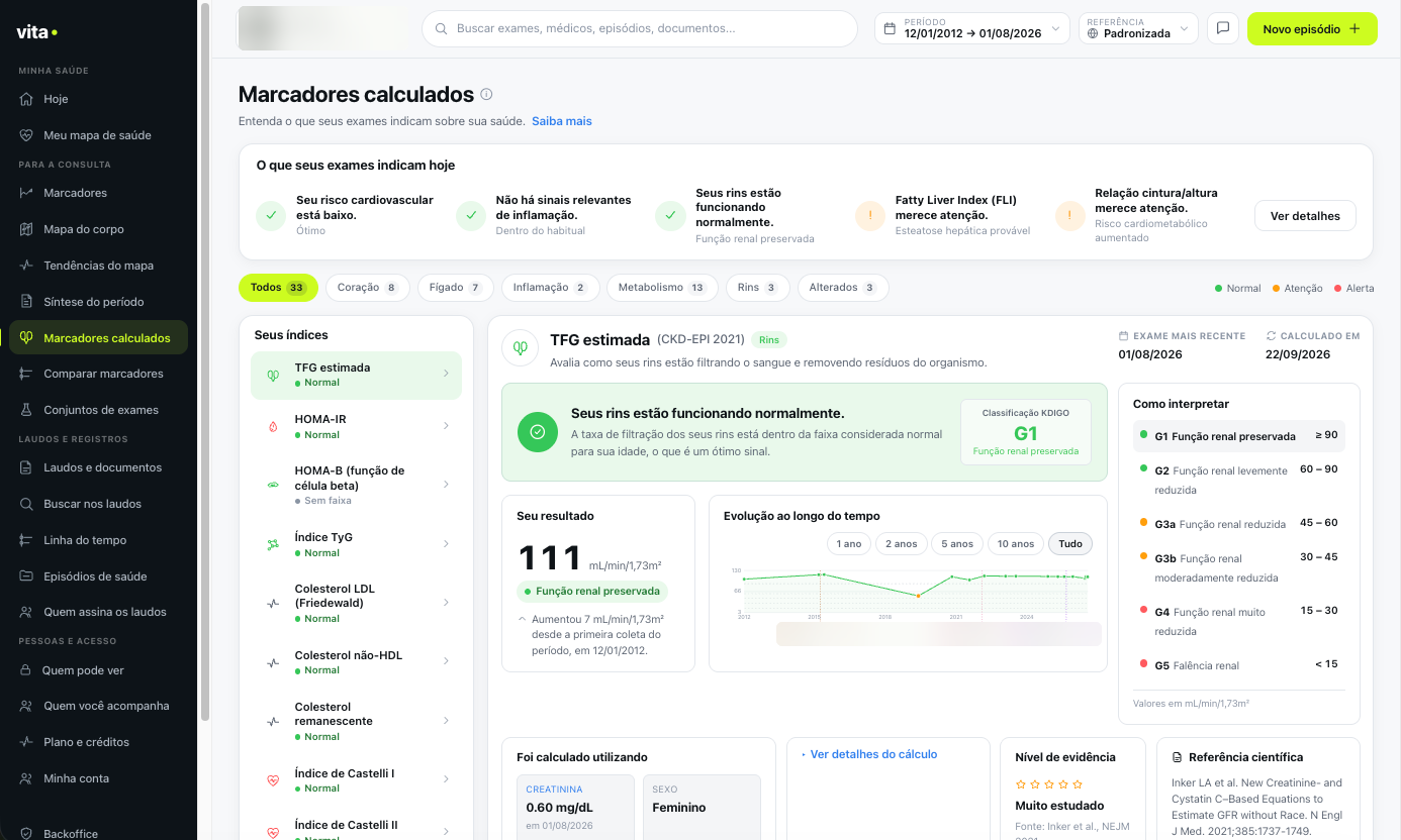 Marcador calculado com histórico, dados usados e detalhes do cálculo